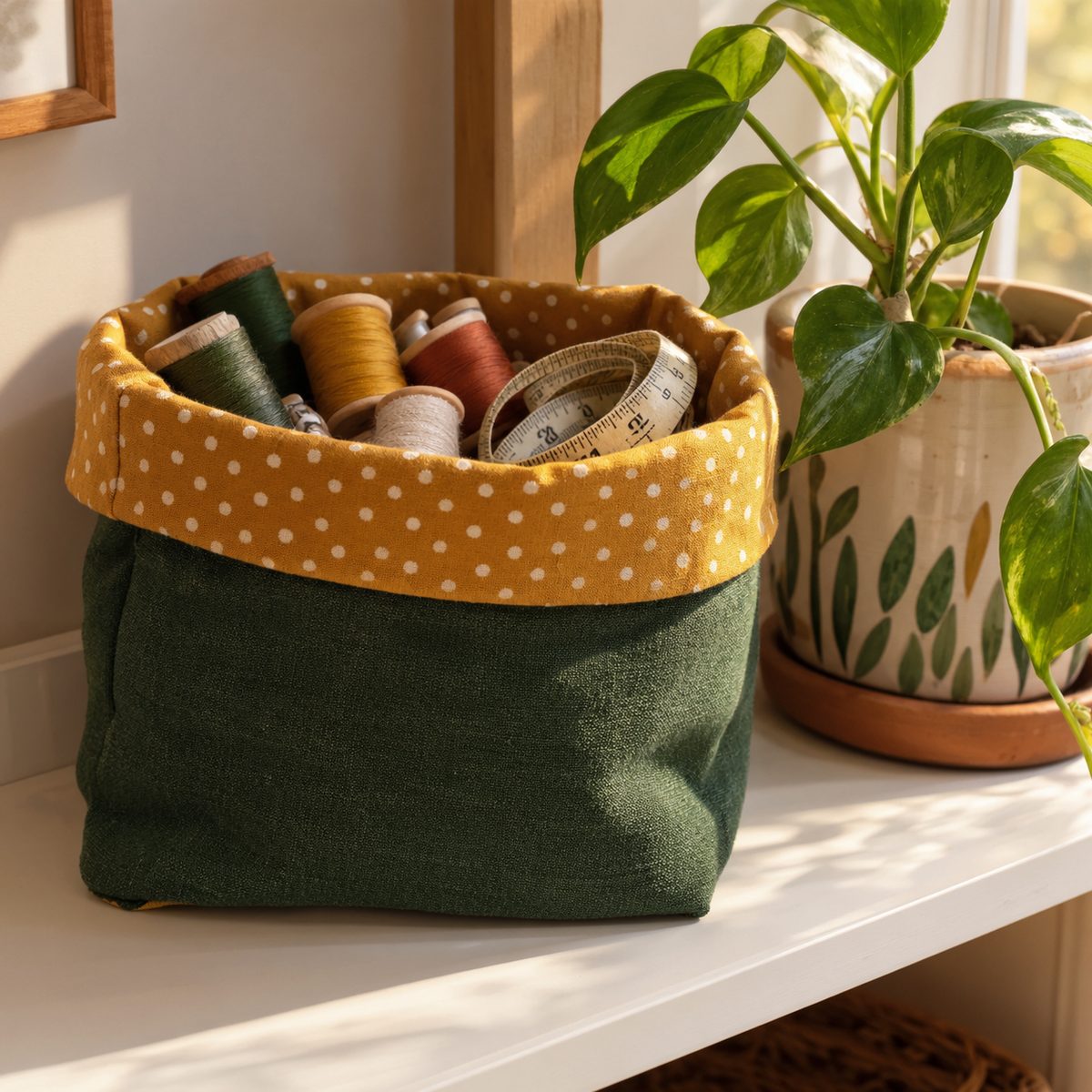 Green canvas fabric basket filled with thread spools