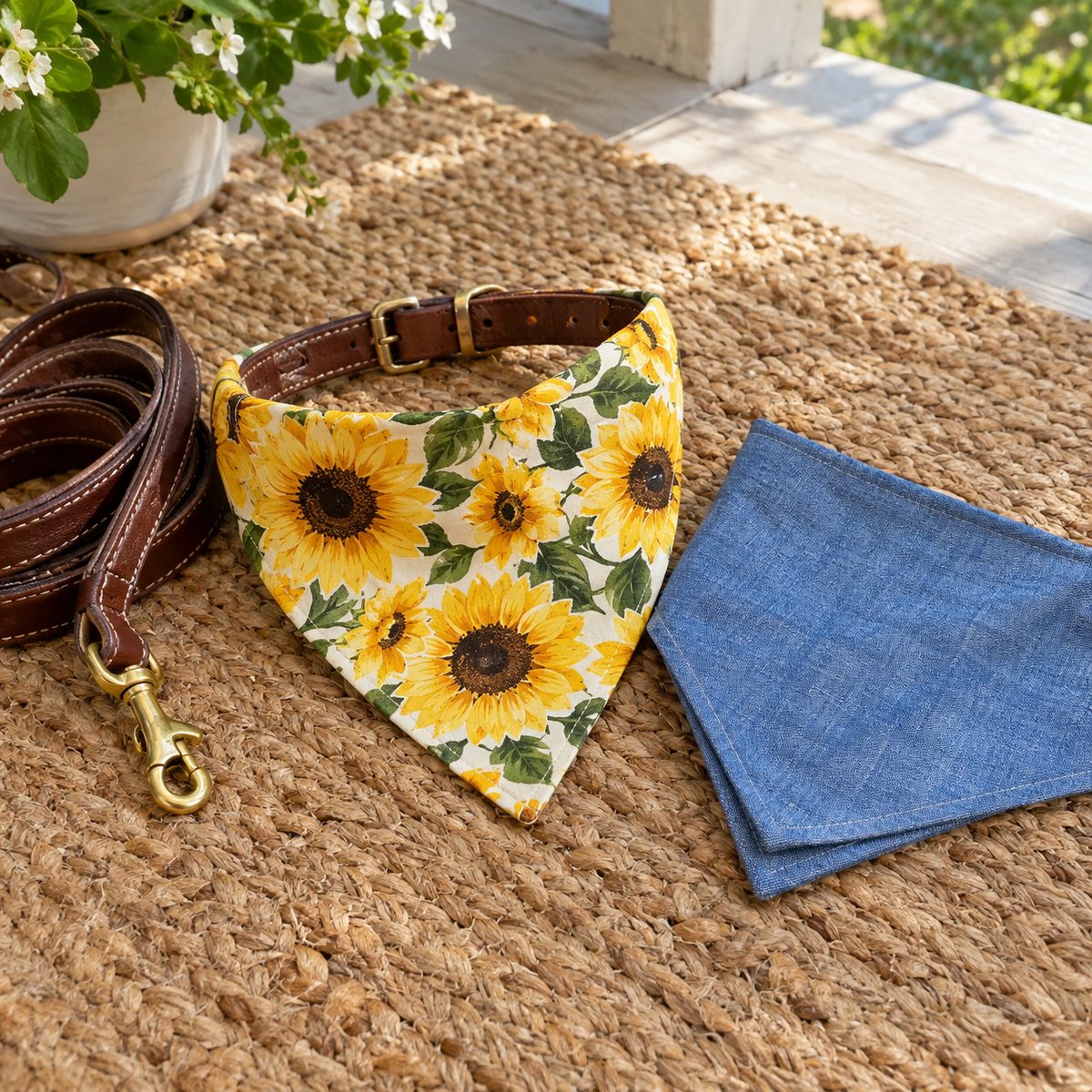 Sunflower print slip-on dog bandana on a leather collar