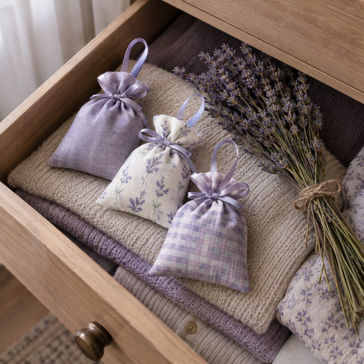 Three linen lavender sachets in an open dresser drawer