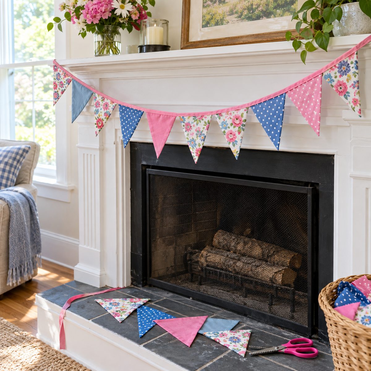 Colorful fabric bunting banner strung across a mantel