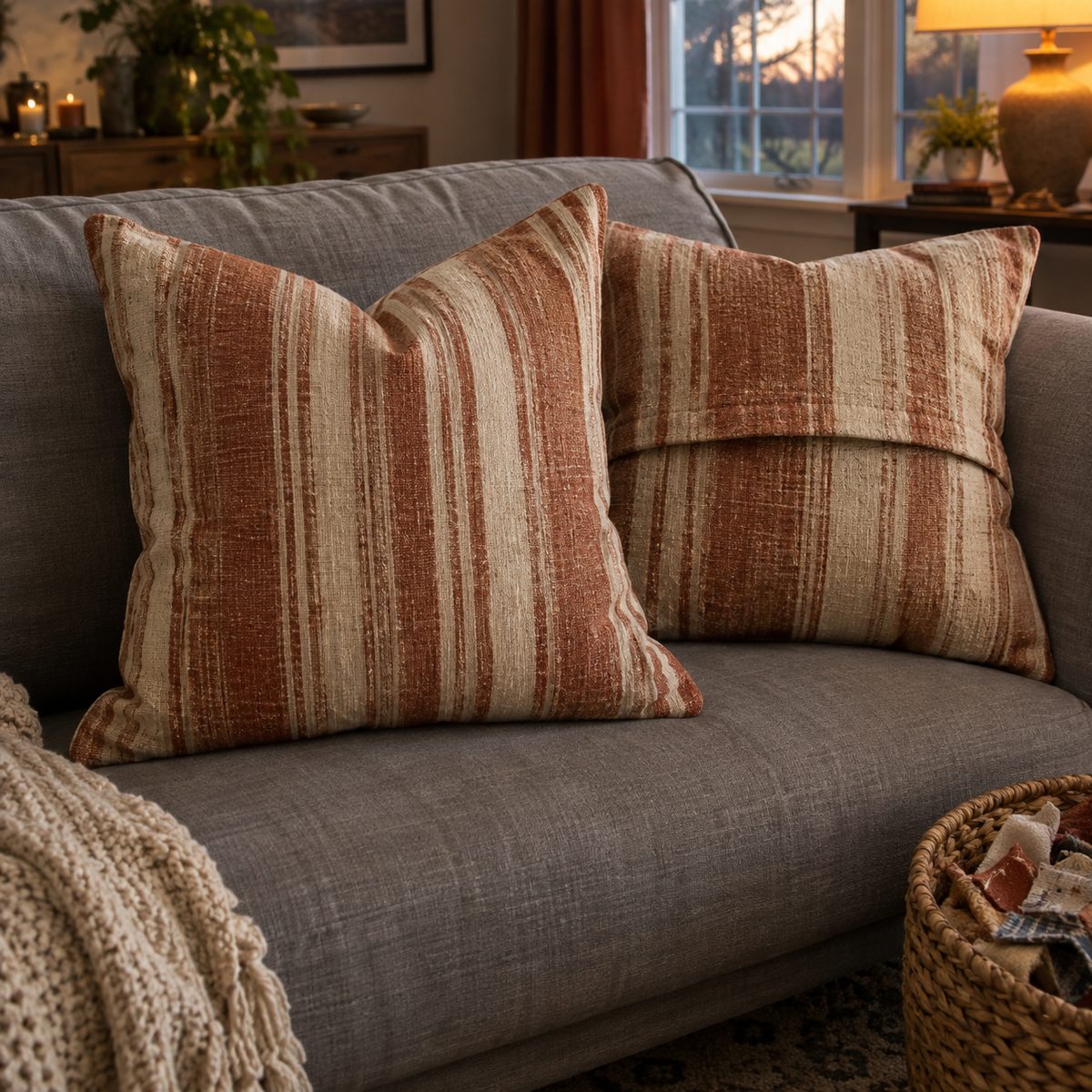 Rust and cream striped envelope pillow cover on a gray sofa