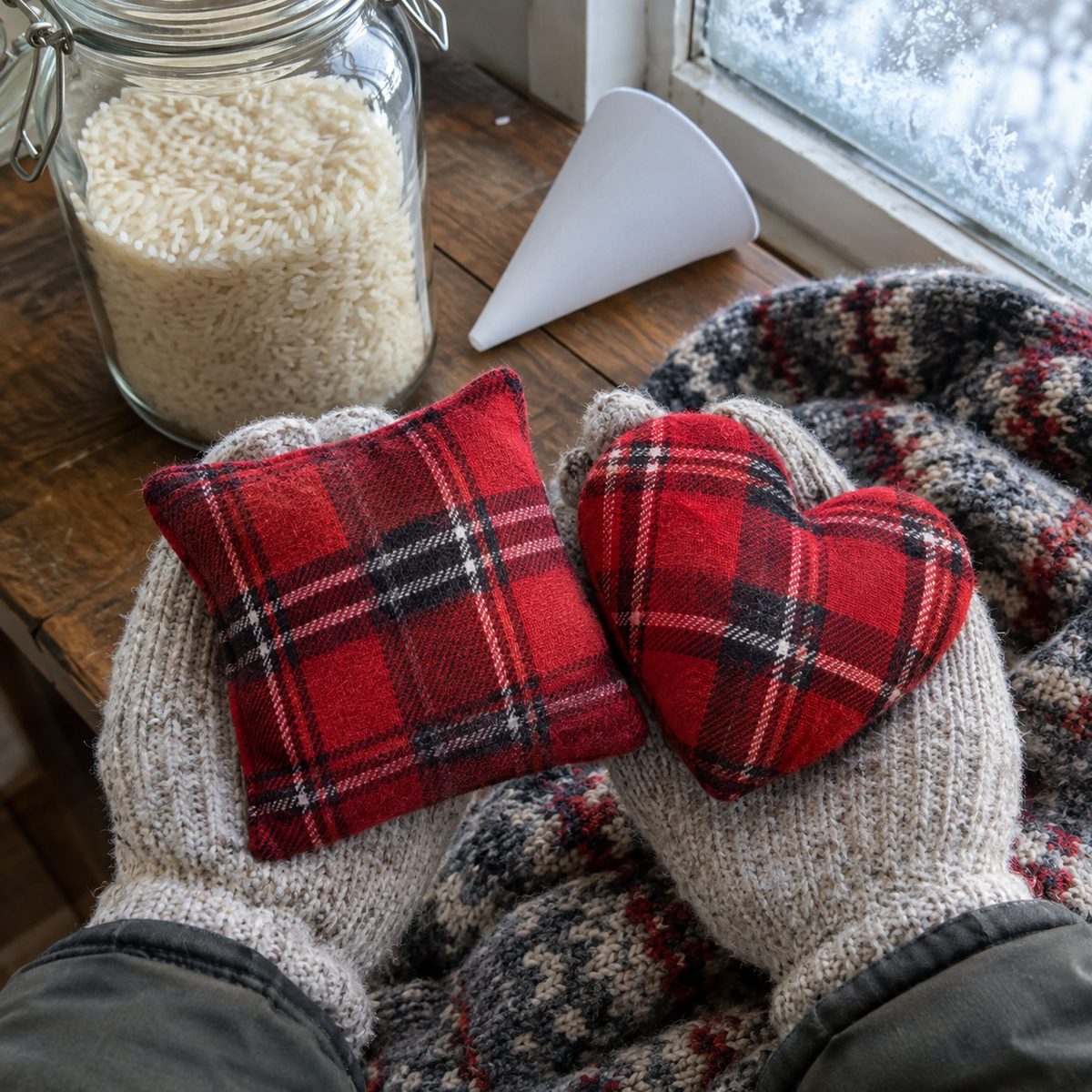 Two red plaid flannel rice-filled hand warmers held in gloved hands