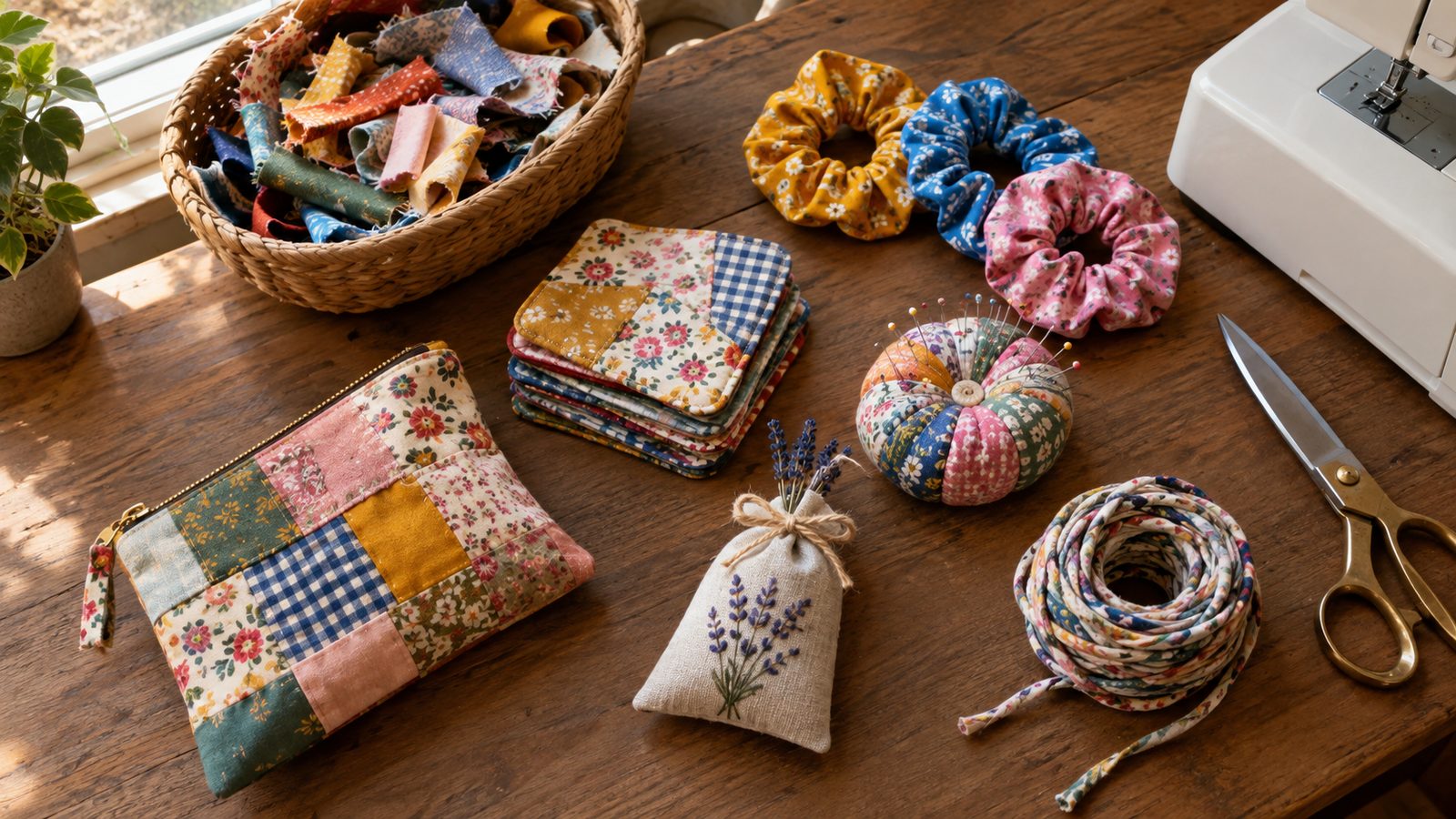 Assortment of finished scrap fabric sewing projects on a sewing table