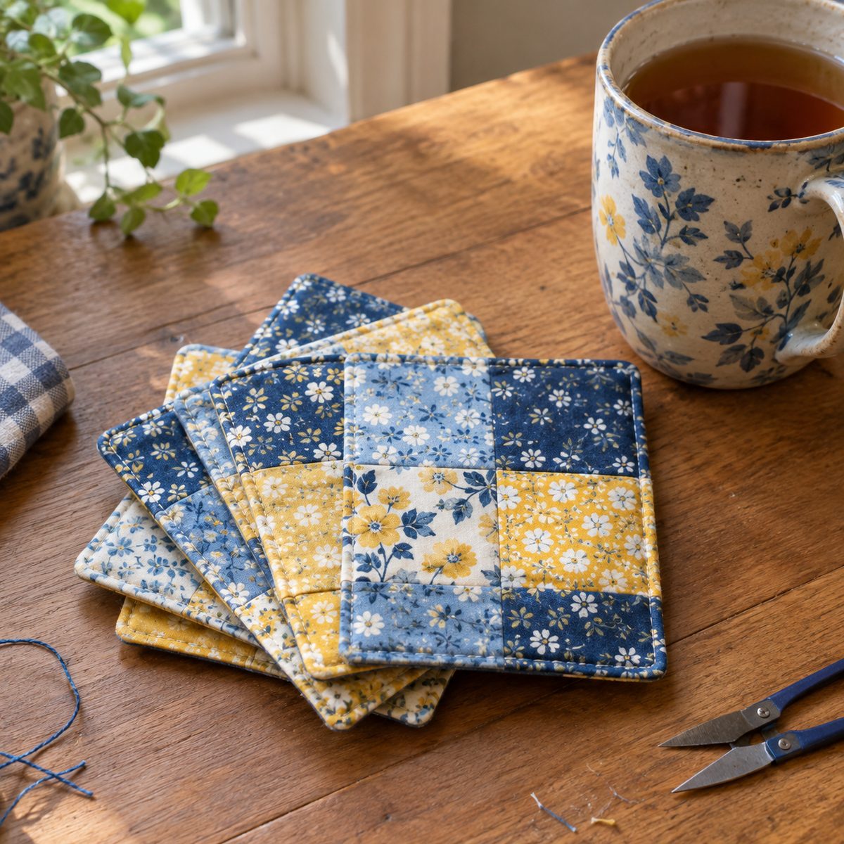 Four handmade fabric coasters in blue and yellow cotton prints next to a mug