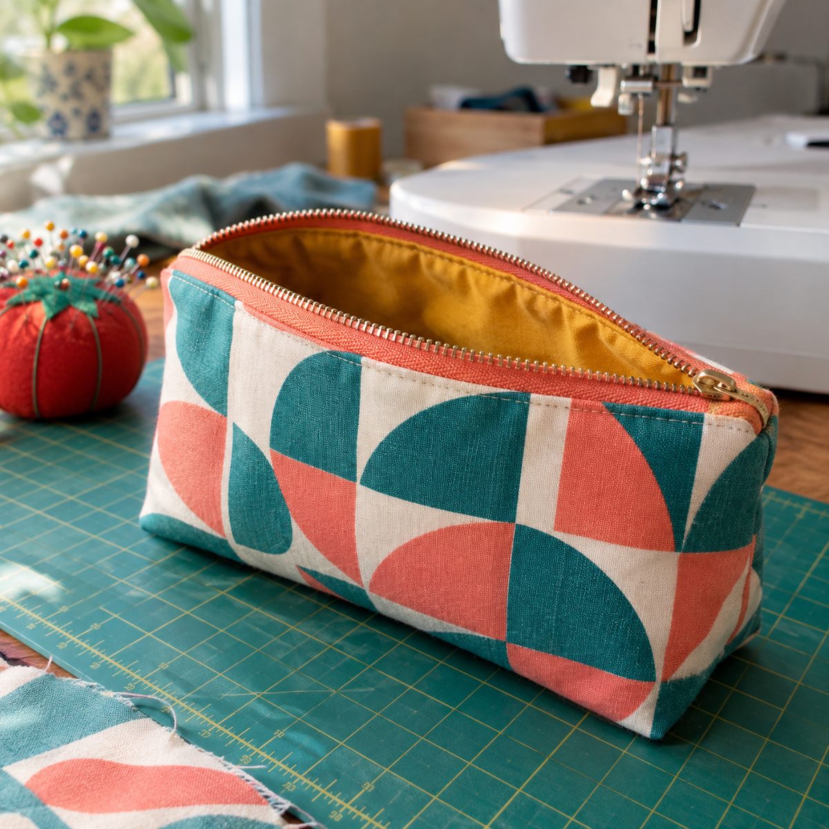Handmade lined zipper pouch in teal and coral fabric on a cutting mat