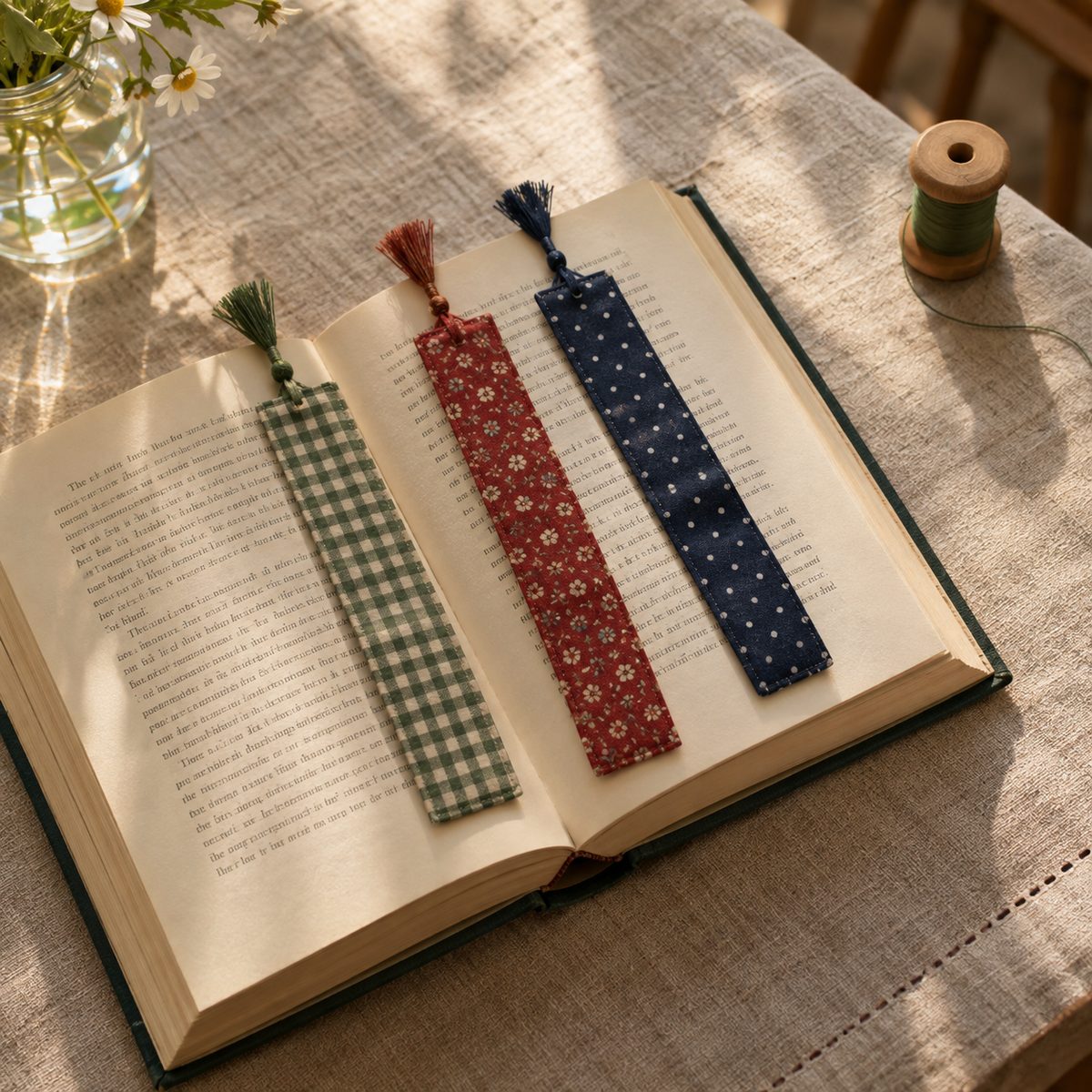 Three handmade fabric bookmarks with tassels in an open book