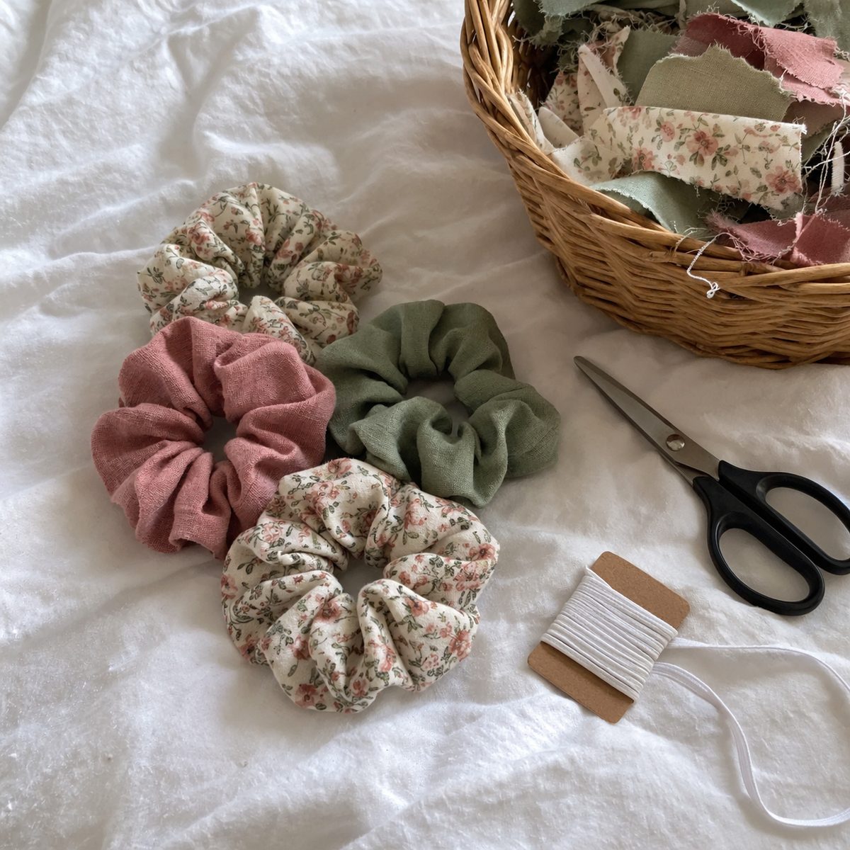 Pile of handmade fabric scrunchies in rose, sage and floral prints