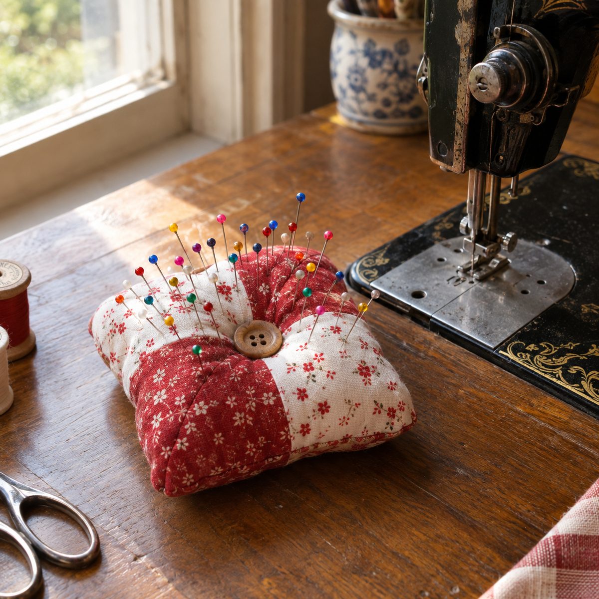 Tufted patchwork pincushion with pins next to a sewing machine
