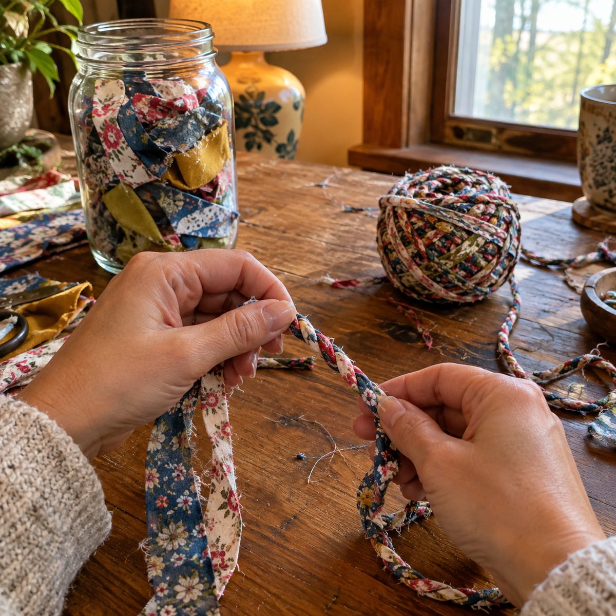Hands twisting cotton fabric strips into homemade fabric twine