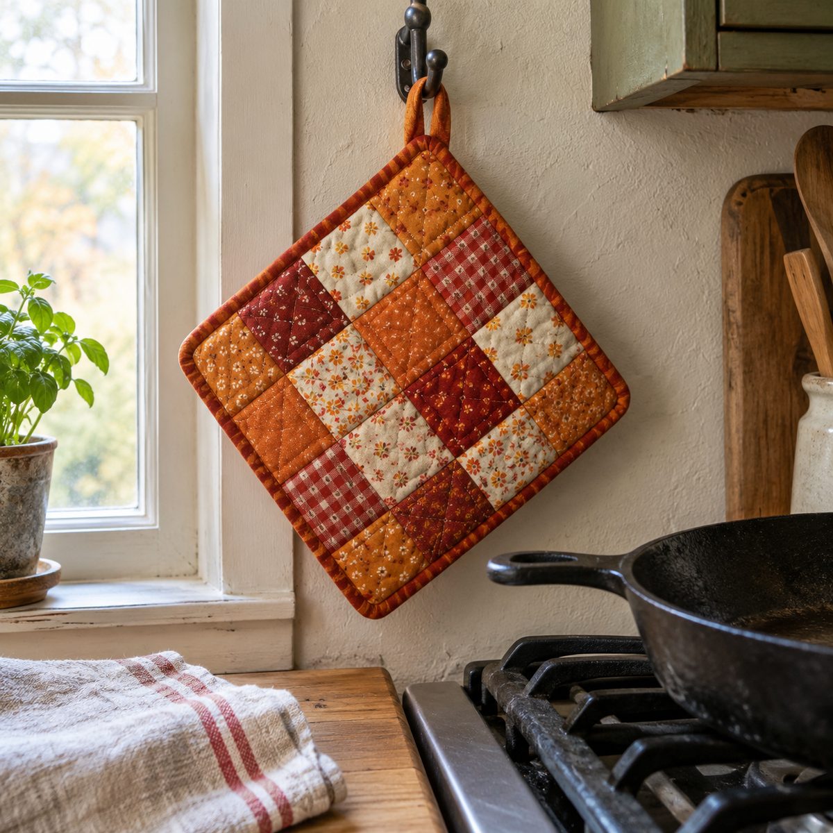 Patchwork potholder made from small fabric squares hanging in a kitchen