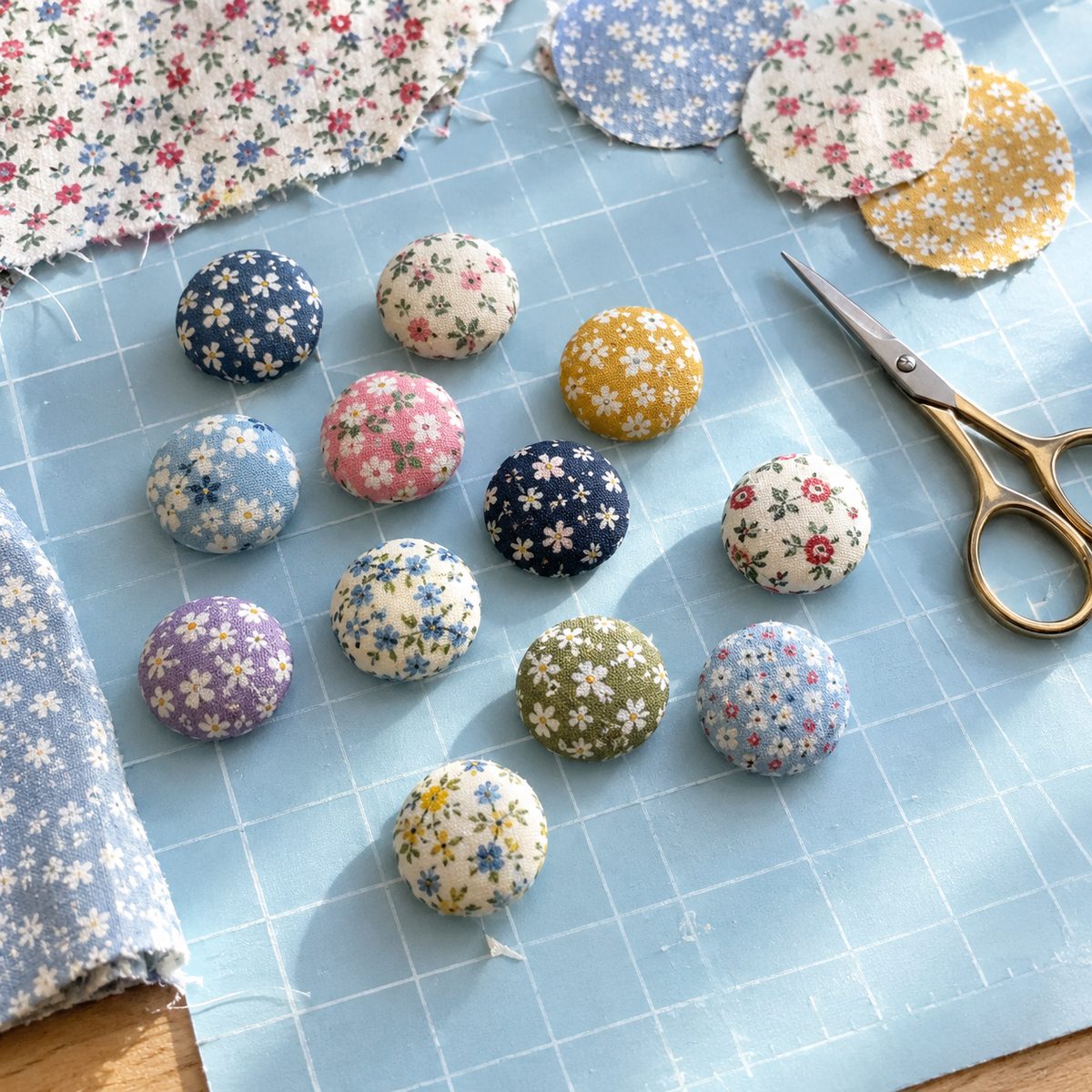 Assorted fabric-covered buttons made from small print scraps