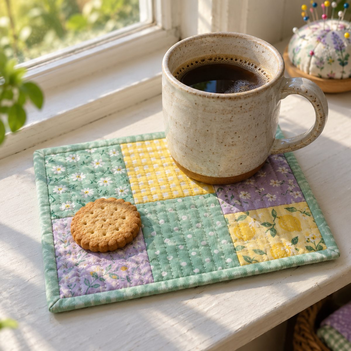Quilted patchwork mug rug with a coffee mug and cookie