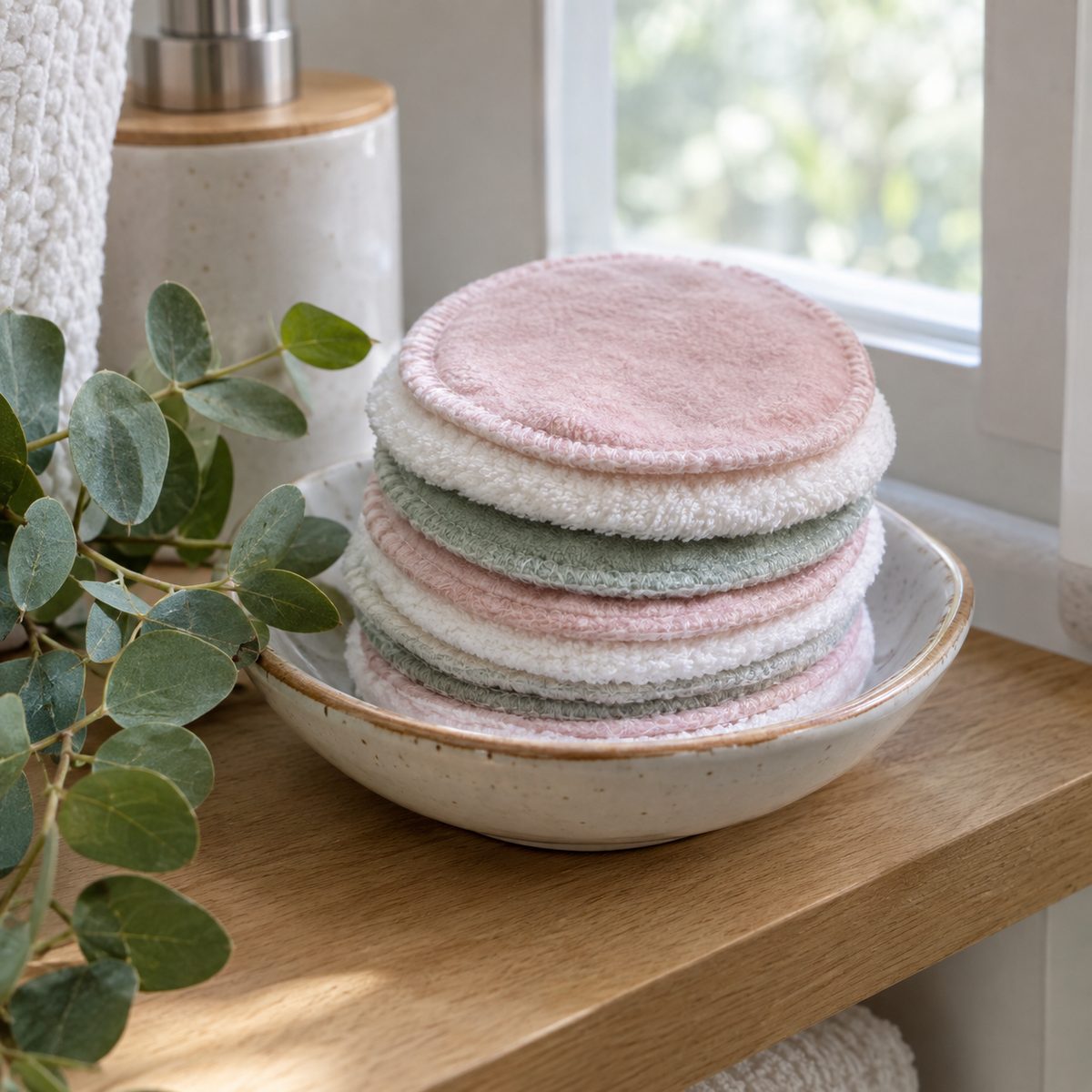 Stack of reusable flannel makeup remover pads in a ceramic dish