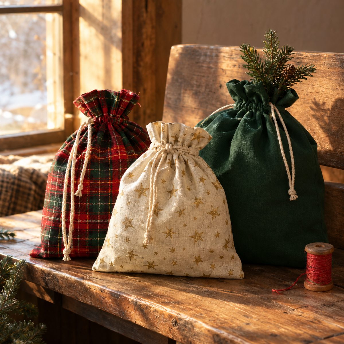 Three handmade fabric drawstring gift bags in holiday prints