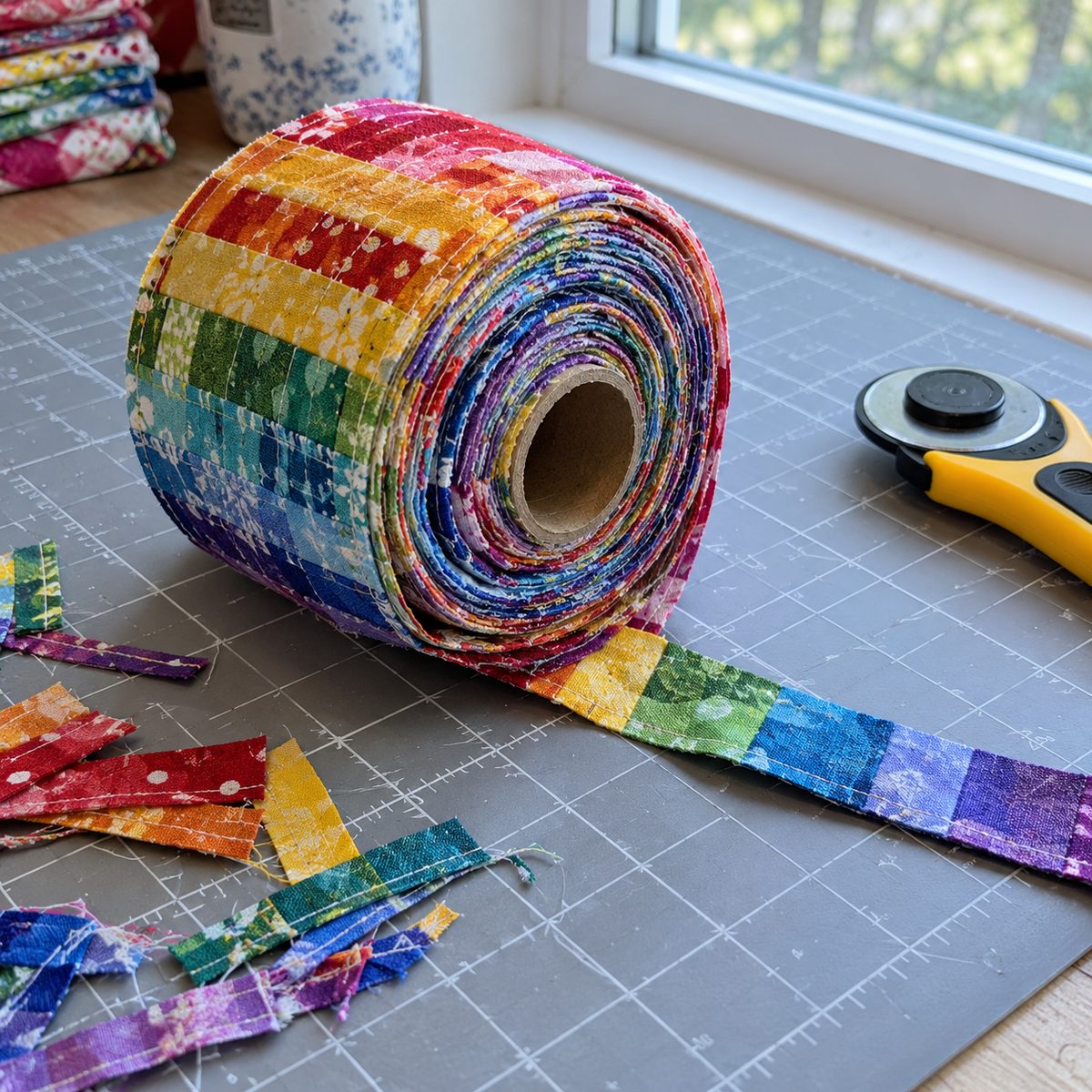 Roll of multicolored scrappy binding made from joined fabric strips