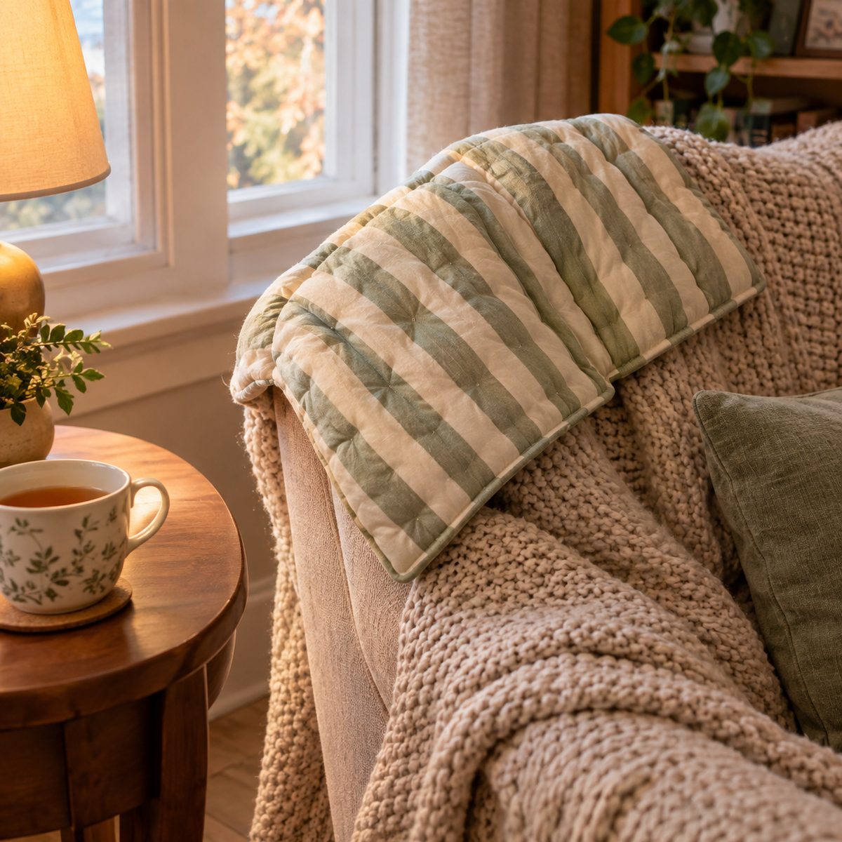 Channel-stitched rice heat pack in sage striped cotton on an armchair