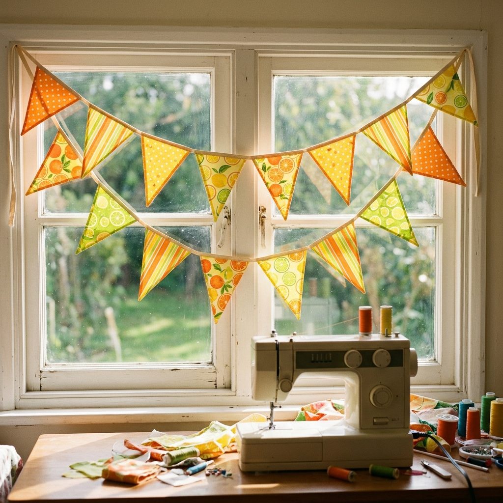 Colorful triangular fabric bunting hanging across a sunny window