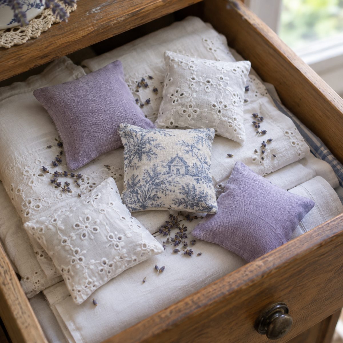 Small handmade lavender sachets in an open drawer with linens