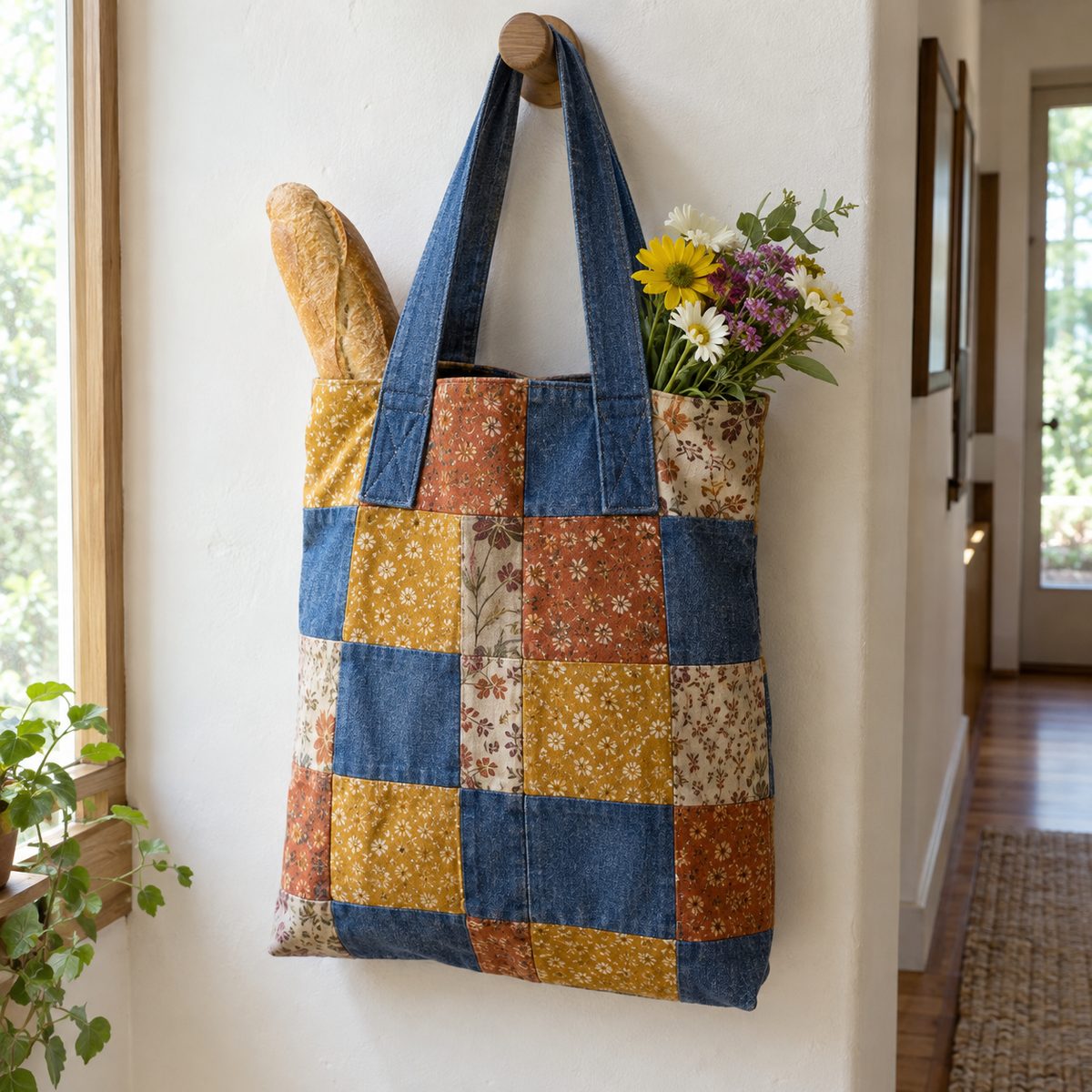 Patchwork tote bag in blue, mustard and rust squares hanging on a peg