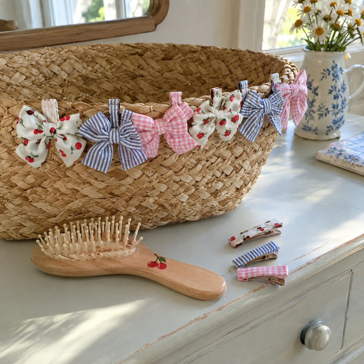 Row of small handmade fabric hair bows clipped to a basket