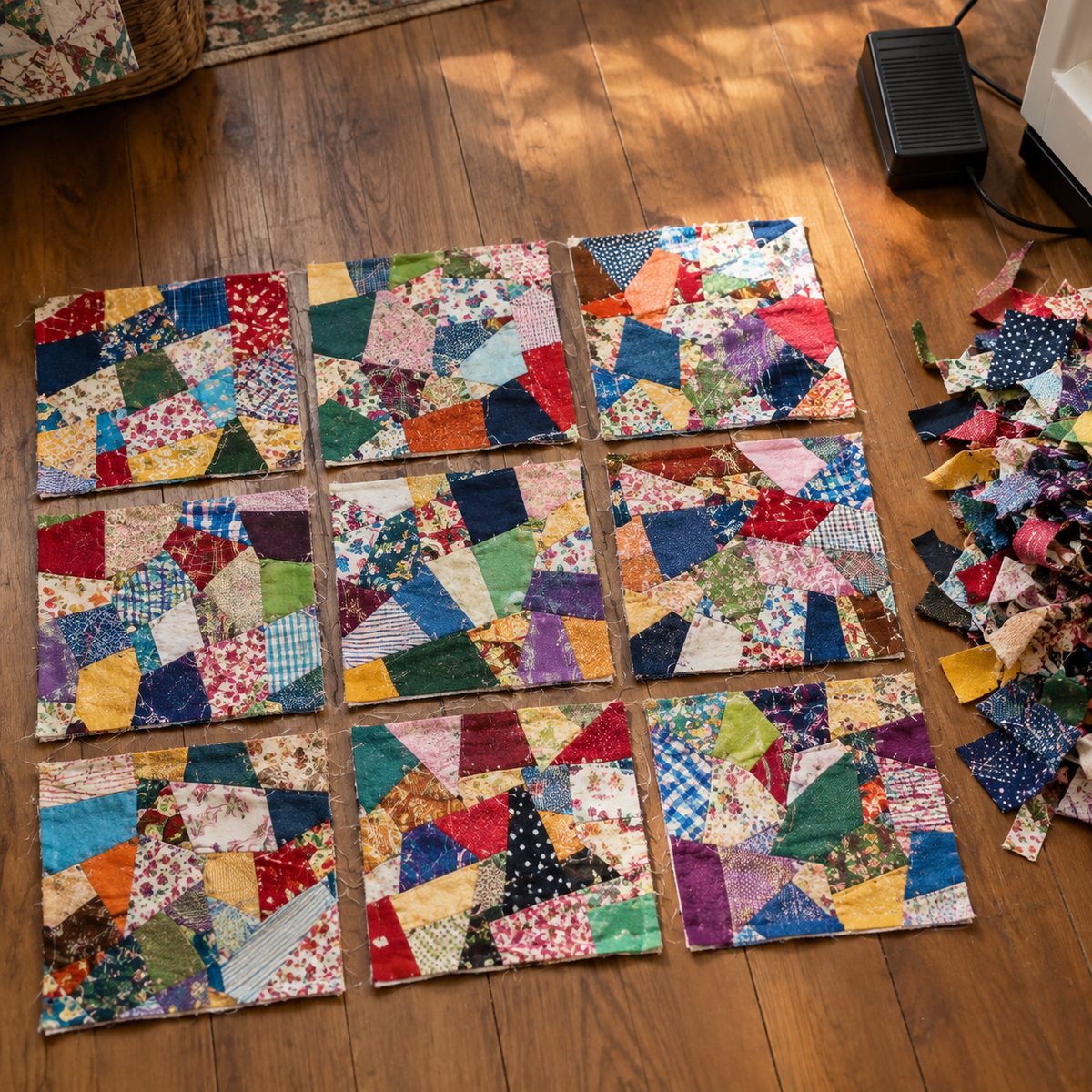 Colorful crumb quilt blocks made from tiny fabric pieces laid in a grid
