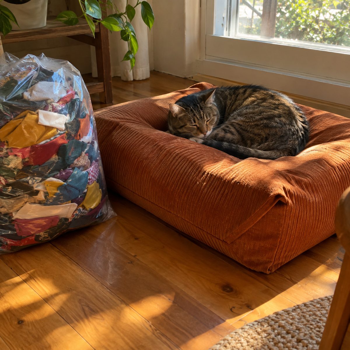 Pet bed stuffed with fabric scraps with a cat curled on top