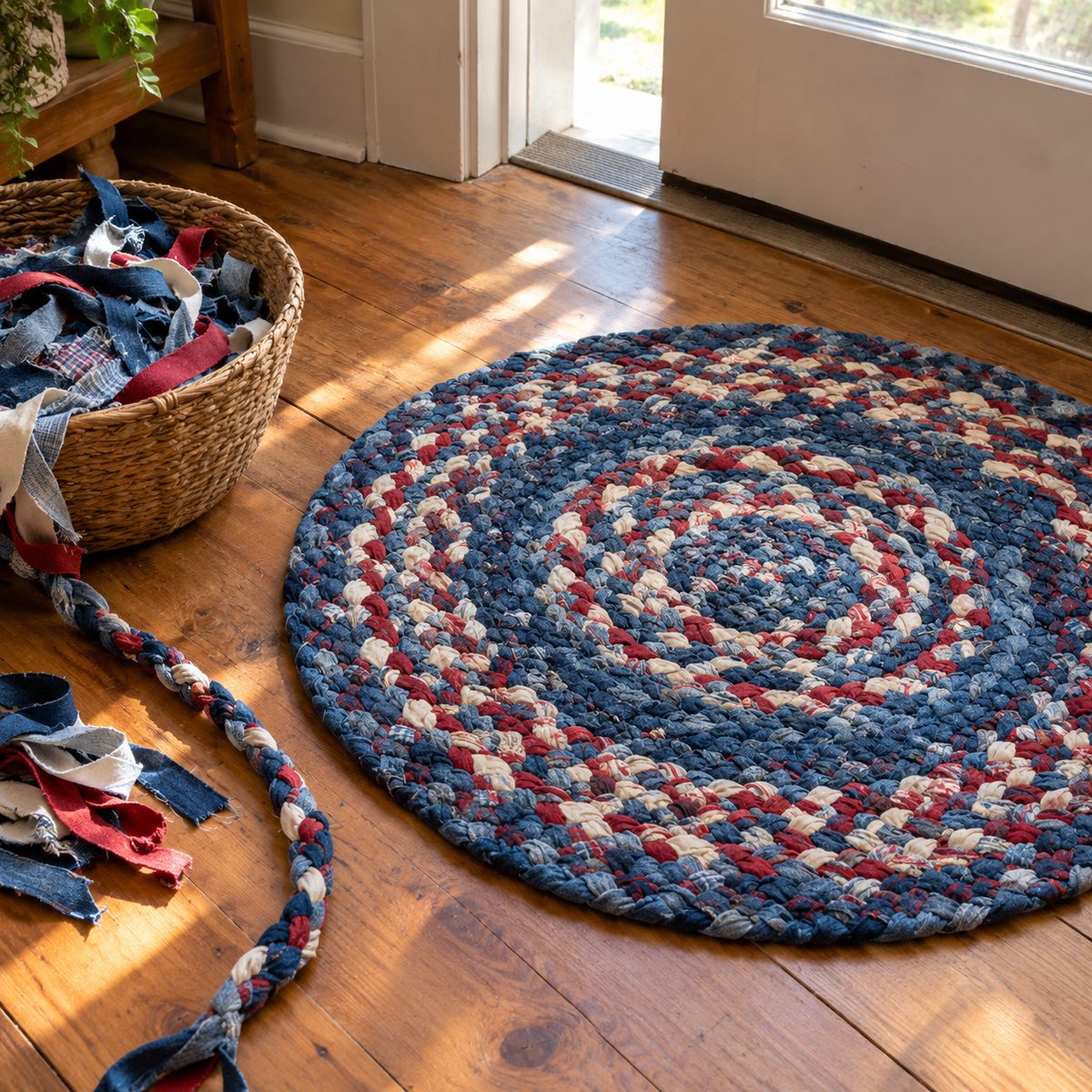 Round braided rag rug made from fabric strips on a wooden floor