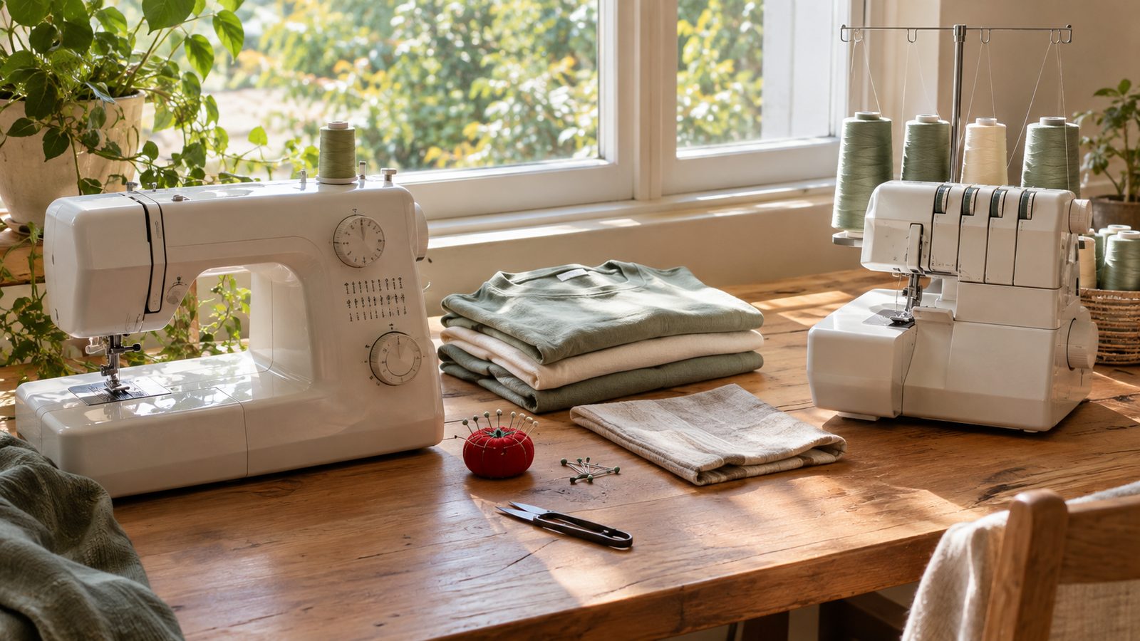A sewing machine and a serger side by side on a sewing table with finished garments