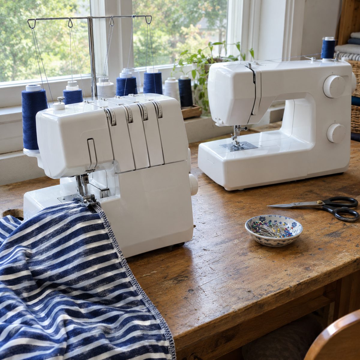 Overhead view of a sewing machine and a serger next to each other on a home sewing table