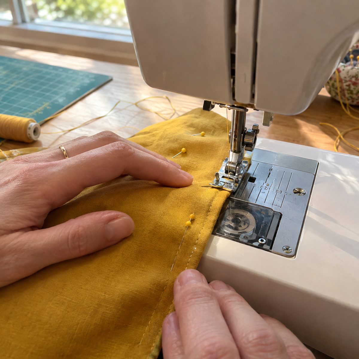Hands guiding cotton fabric under a sewing machine as it sews a straight seam