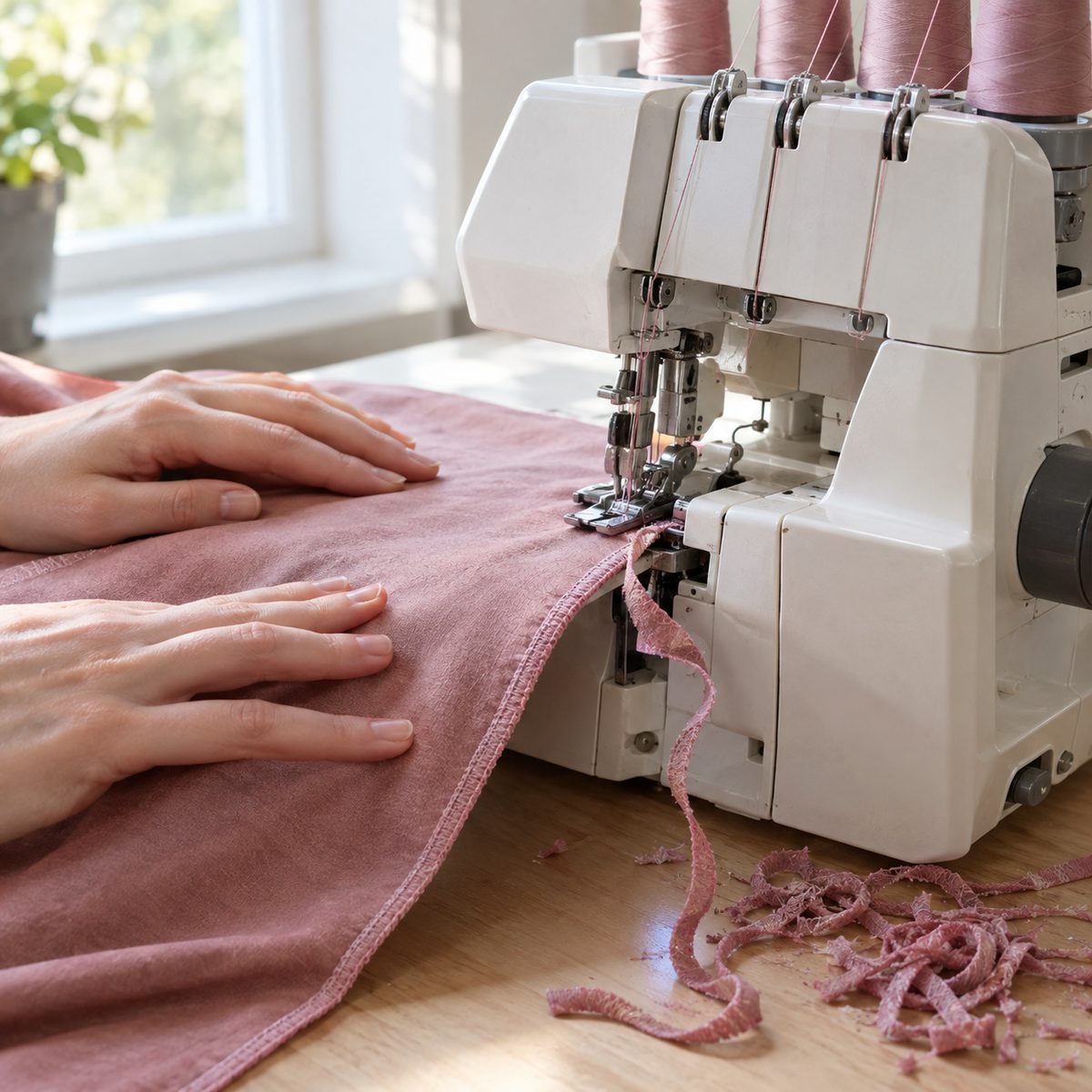 A serger trimming and overlocking the raw edge of pink rayon fabric