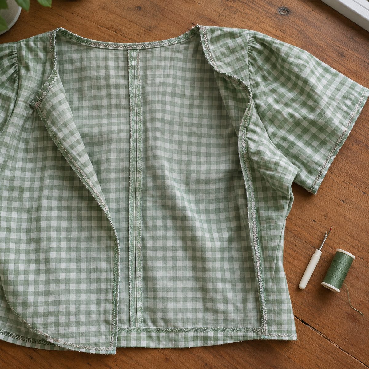 Inside of a cotton blouse showing zigzag and French seam finishes sewn on a regular sewing machine