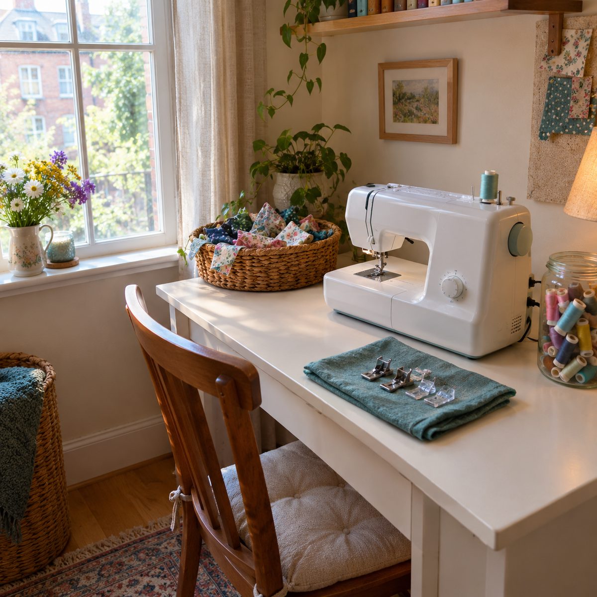 A compact sewing machine in a small home sewing nook with presser feet and fabric scraps
