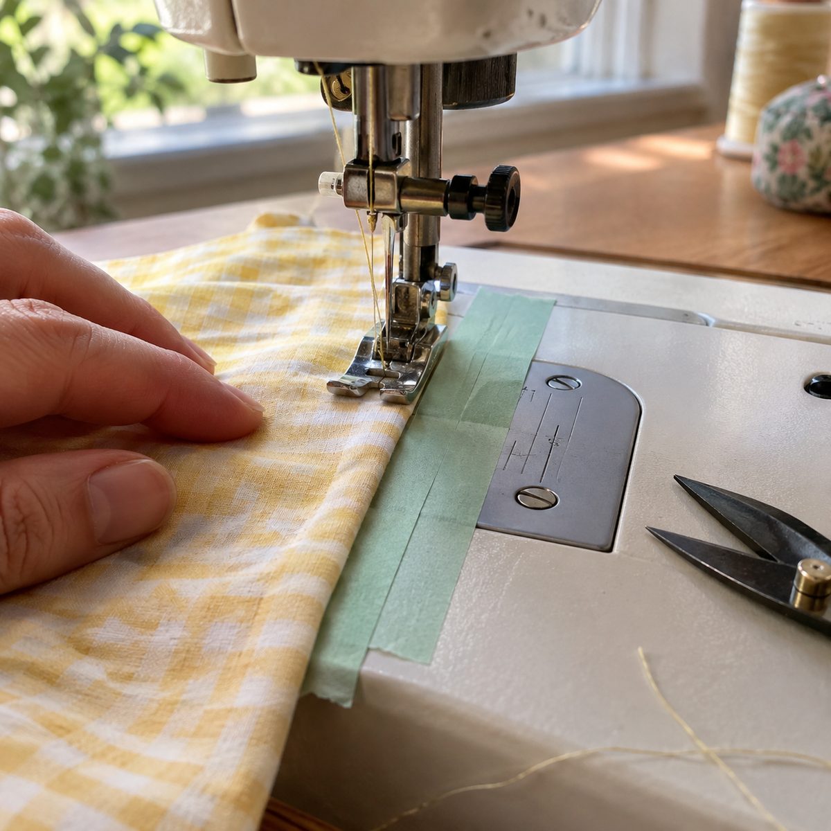 Washi tape seam guide on a sewing machine bed with cotton fabric guided along it
