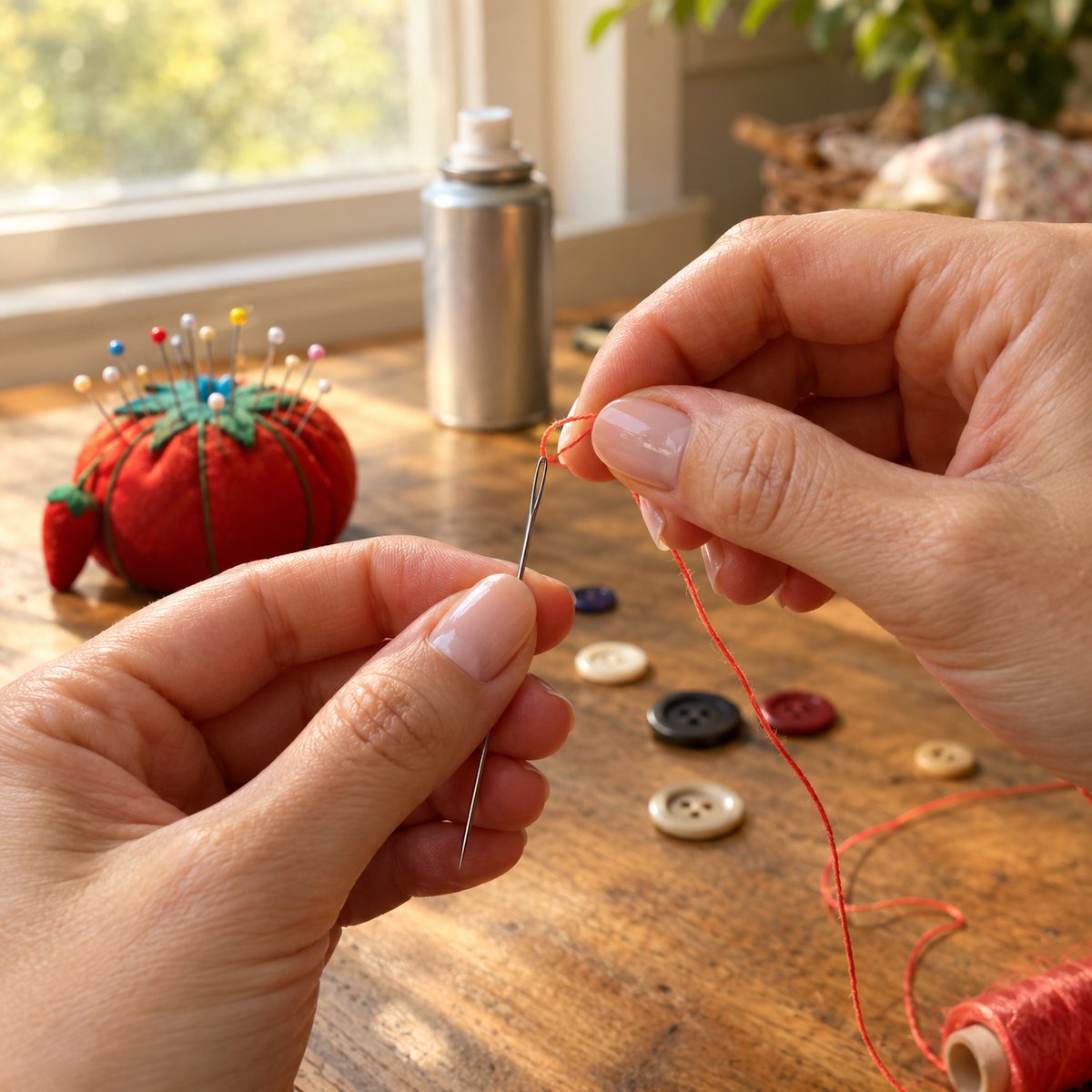 Hands threading a hand sewing needle with stiffened red thread