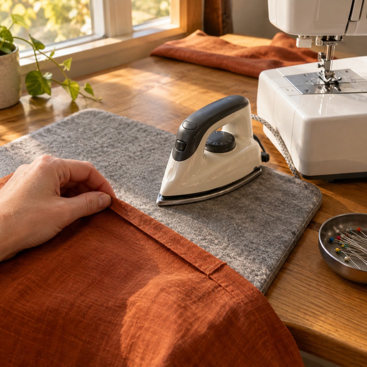 Iron pressing a seam open on a wool pressing mat next to a sewing machine