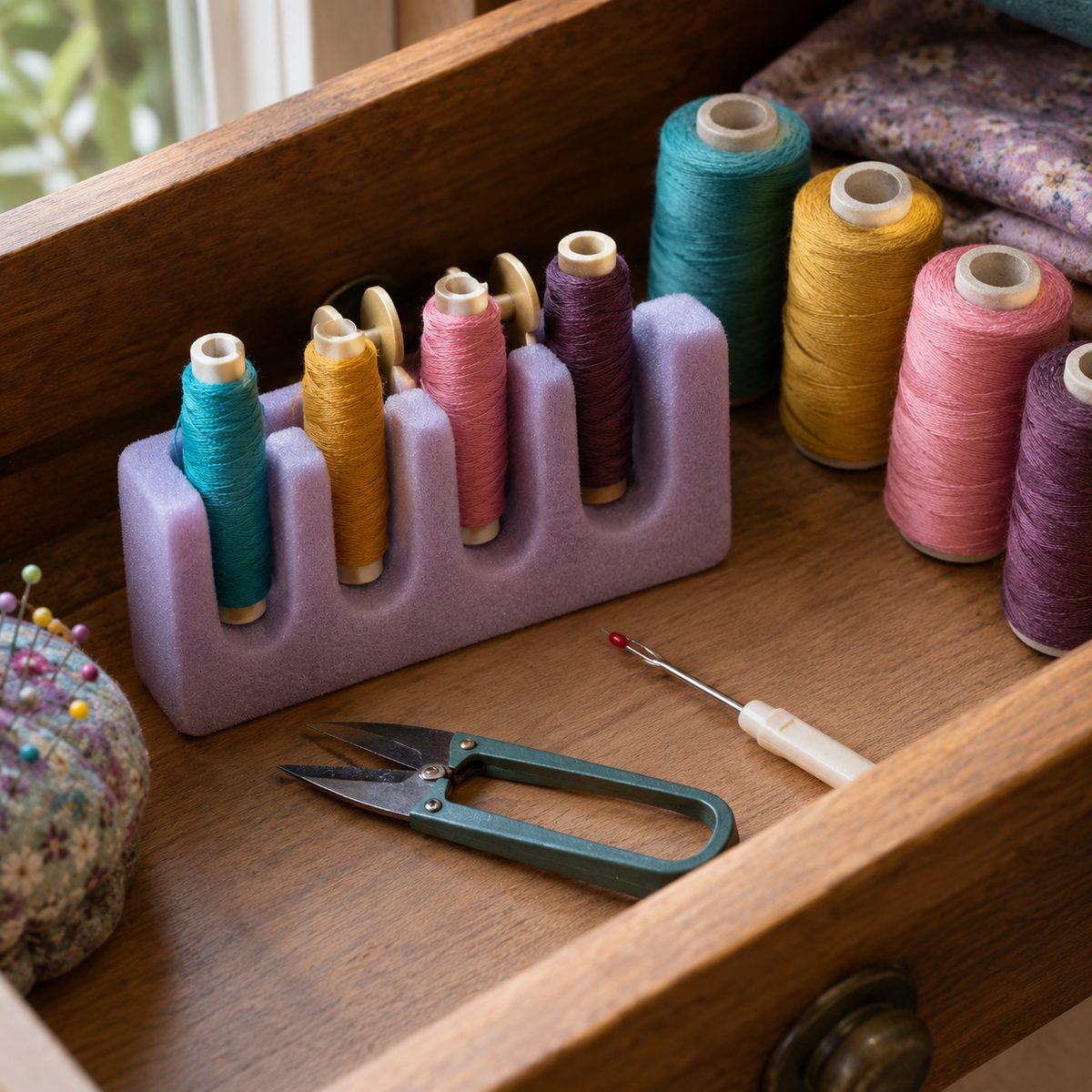 Sewing bobbins stored upright in a foam toe separator in a drawer