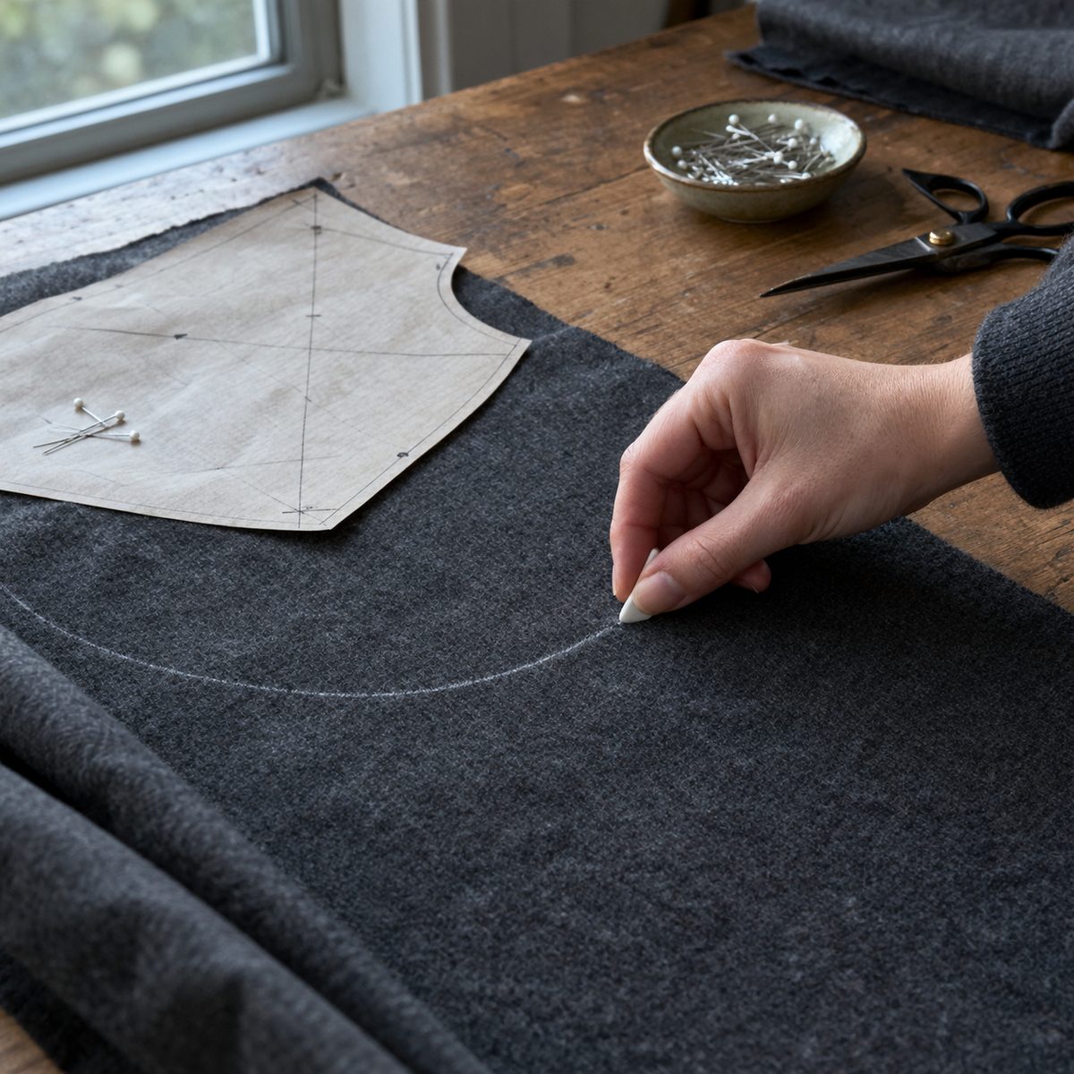 Marking a dart on dark wool fabric with a sliver of white soap