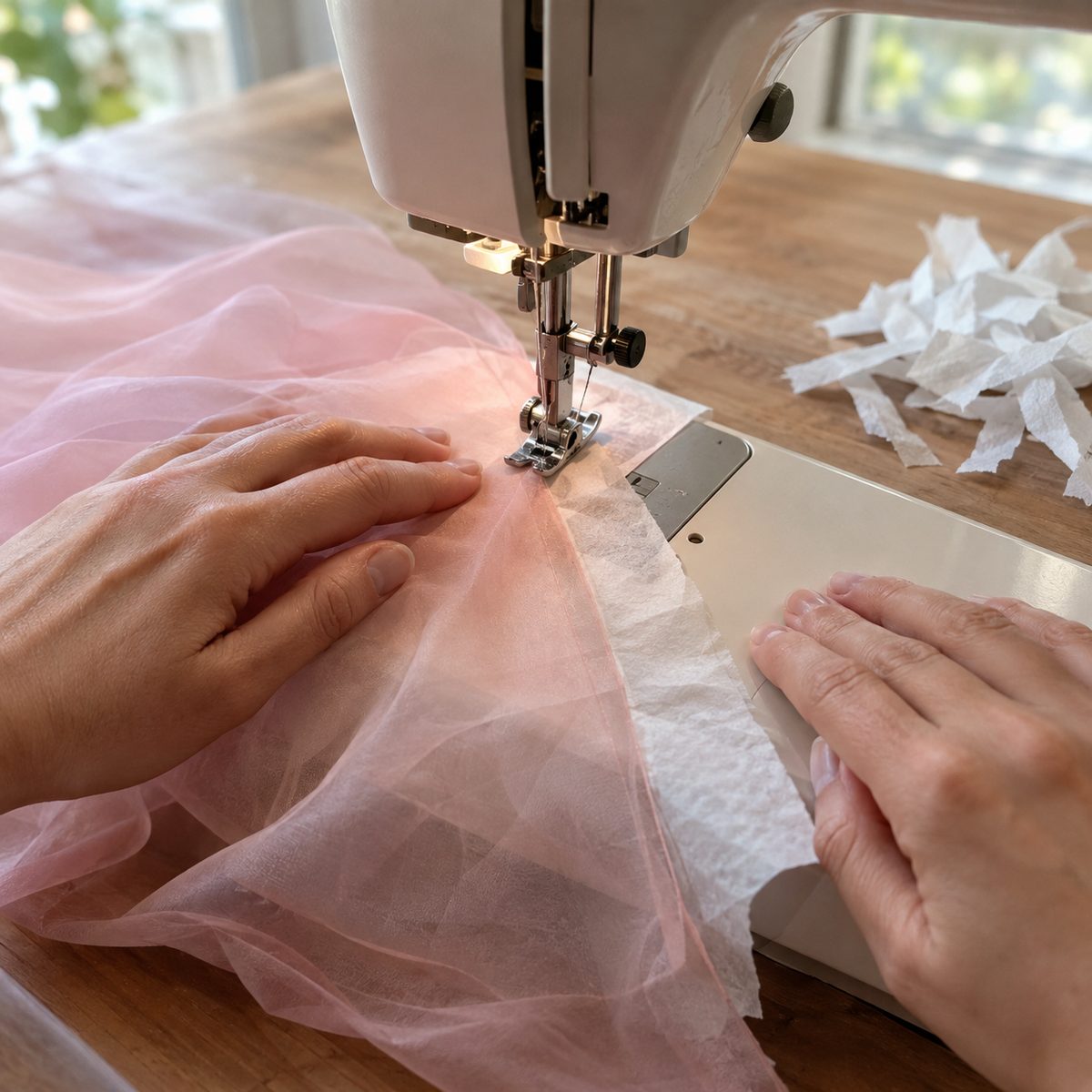 Sewing sheer chiffon with tissue paper strips underneath