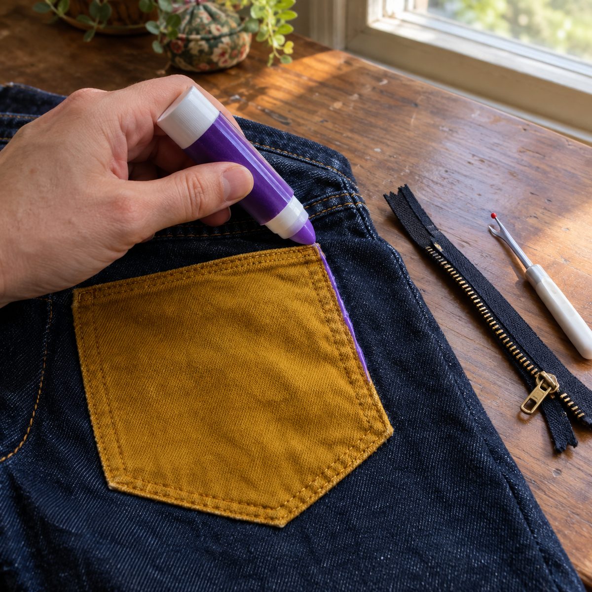 Glue stick basting a patch pocket onto denim before sewing