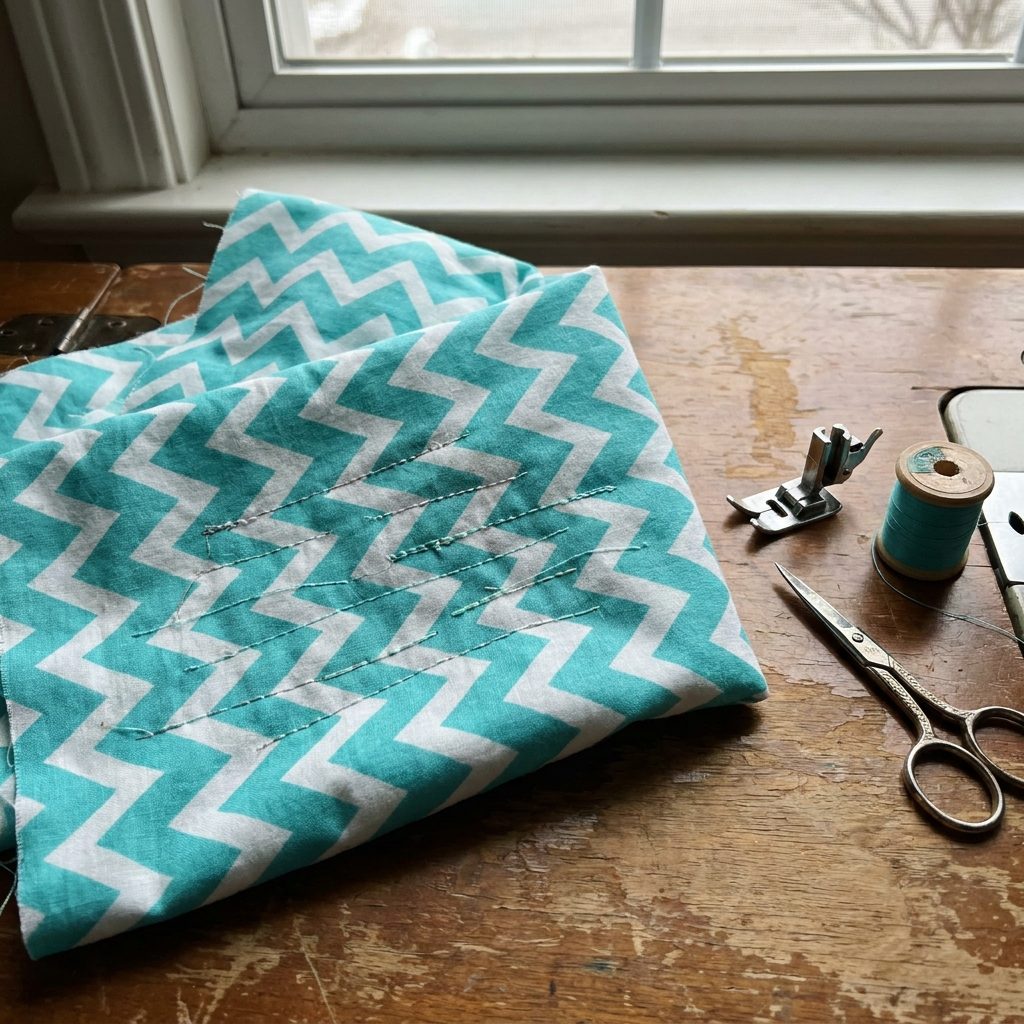 Test rows of stitching on a fabric scrap next to a sewing machine