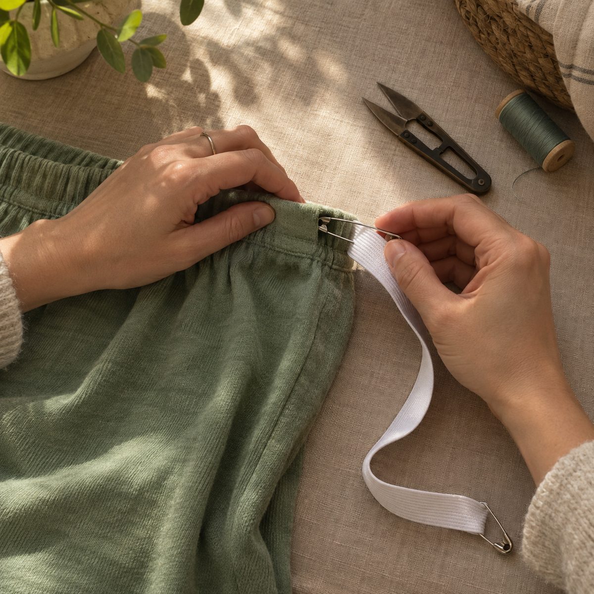 Threading elastic through a waistband casing using safety pins