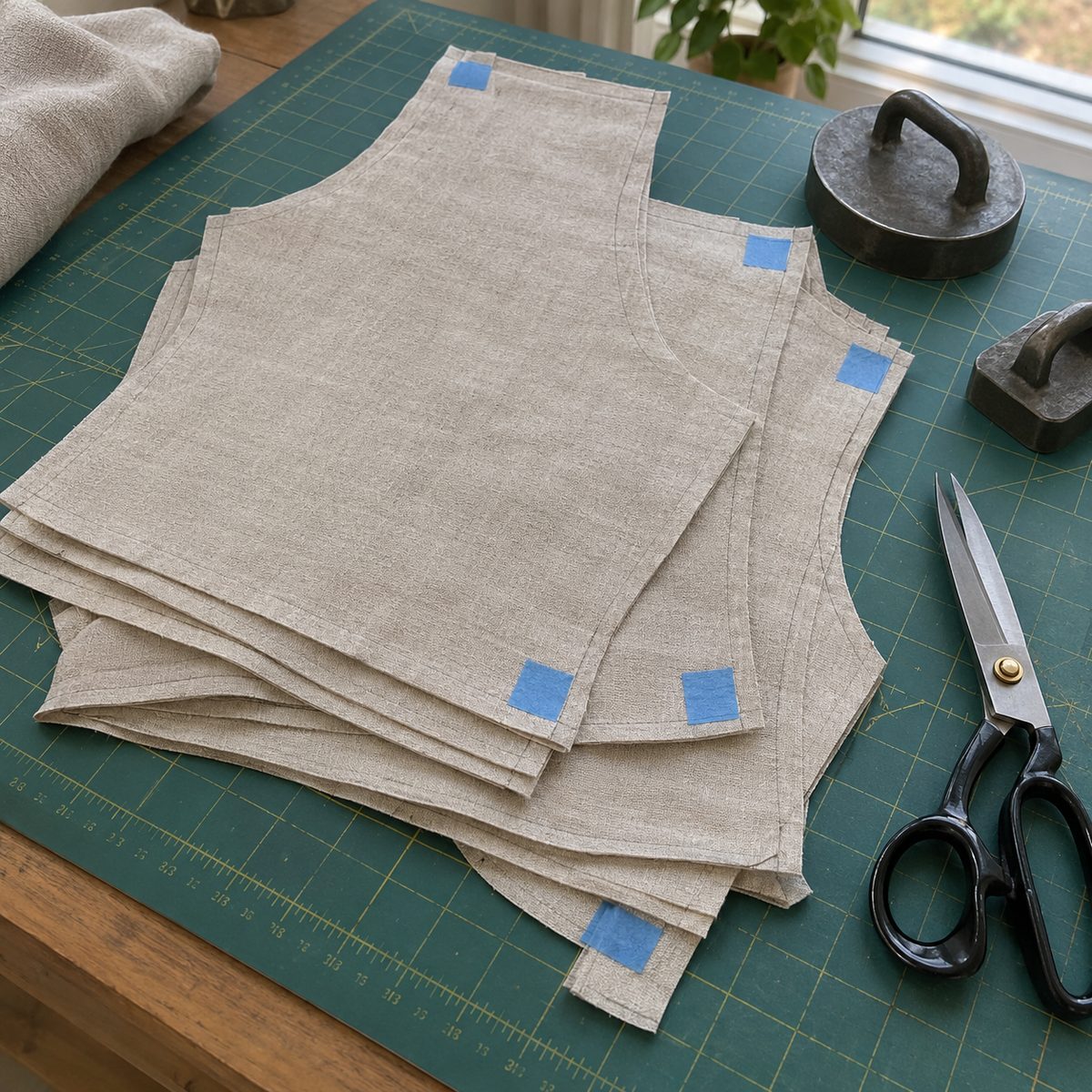 Linen pattern pieces marked with small squares of painter's tape