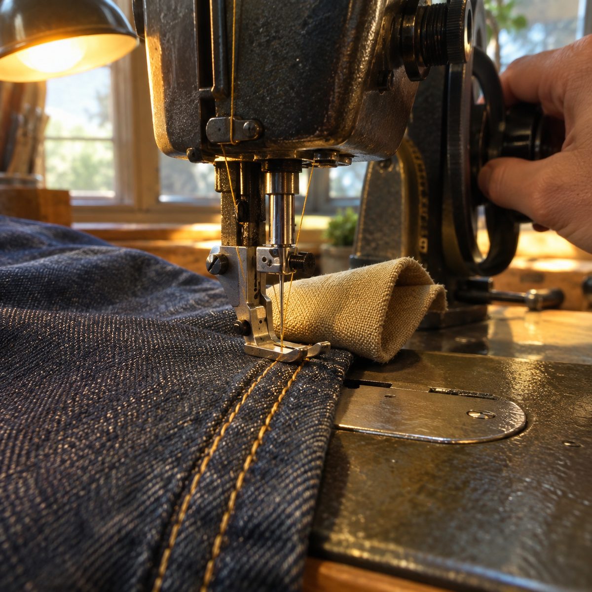 Using a folded fabric shim to level the presser foot over a thick denim seam