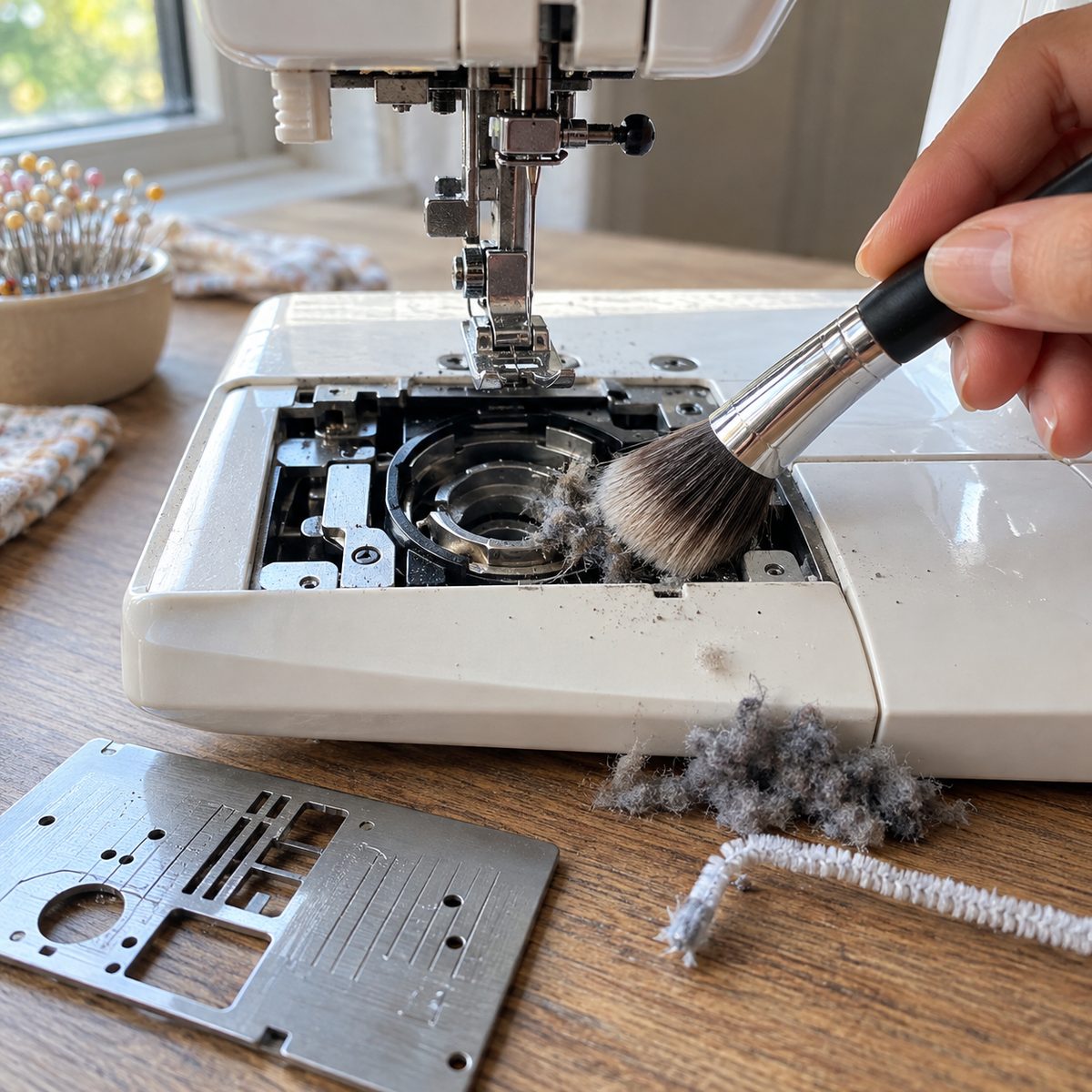 Cleaning lint from a sewing machine bobbin area with a makeup brush