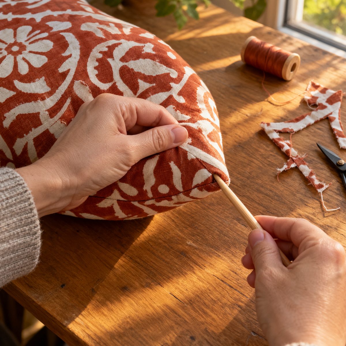 Using a wooden chopstick to push out a crisp corner on a cushion cover