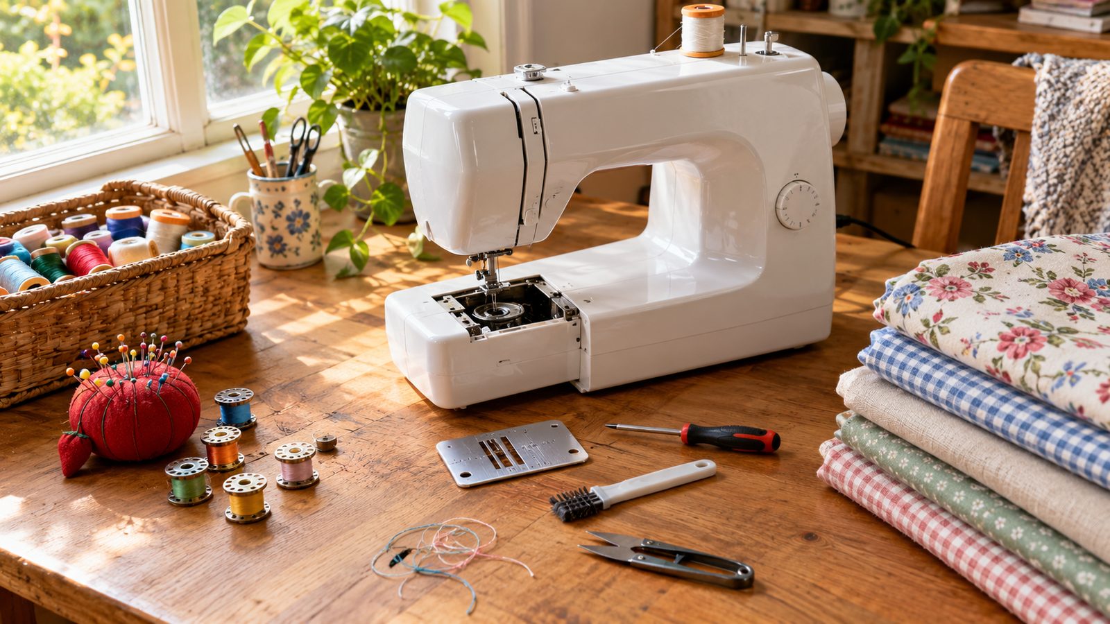 Home sewing machine on a table with troubleshooting tools, bobbins and fabric