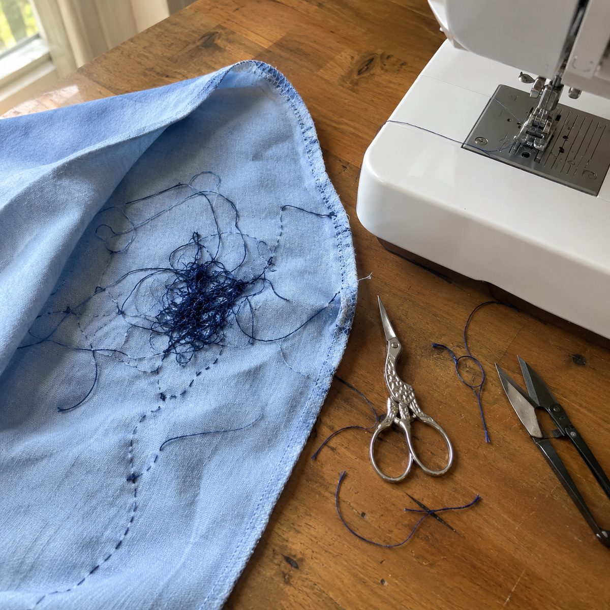 Tangled bird's nest of thread on the underside of blue cotton fabric