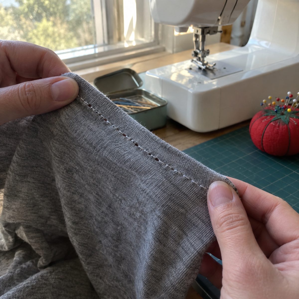 Line of stitching with skipped stitches on gray knit fabric