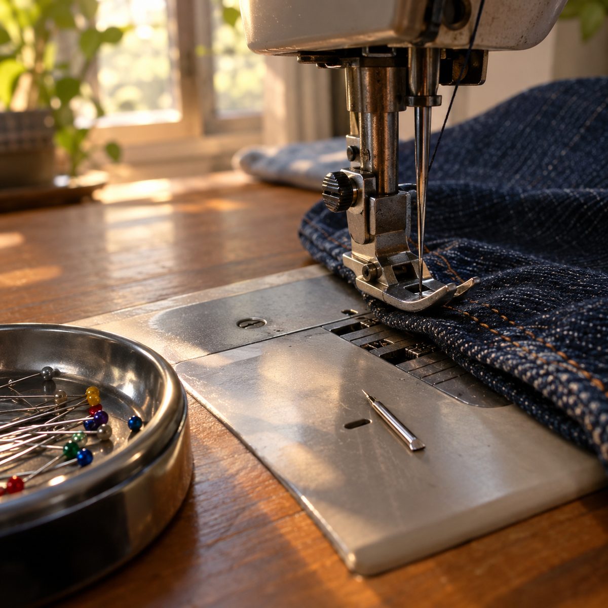 Broken sewing machine needle on the throat plate beside denim fabric